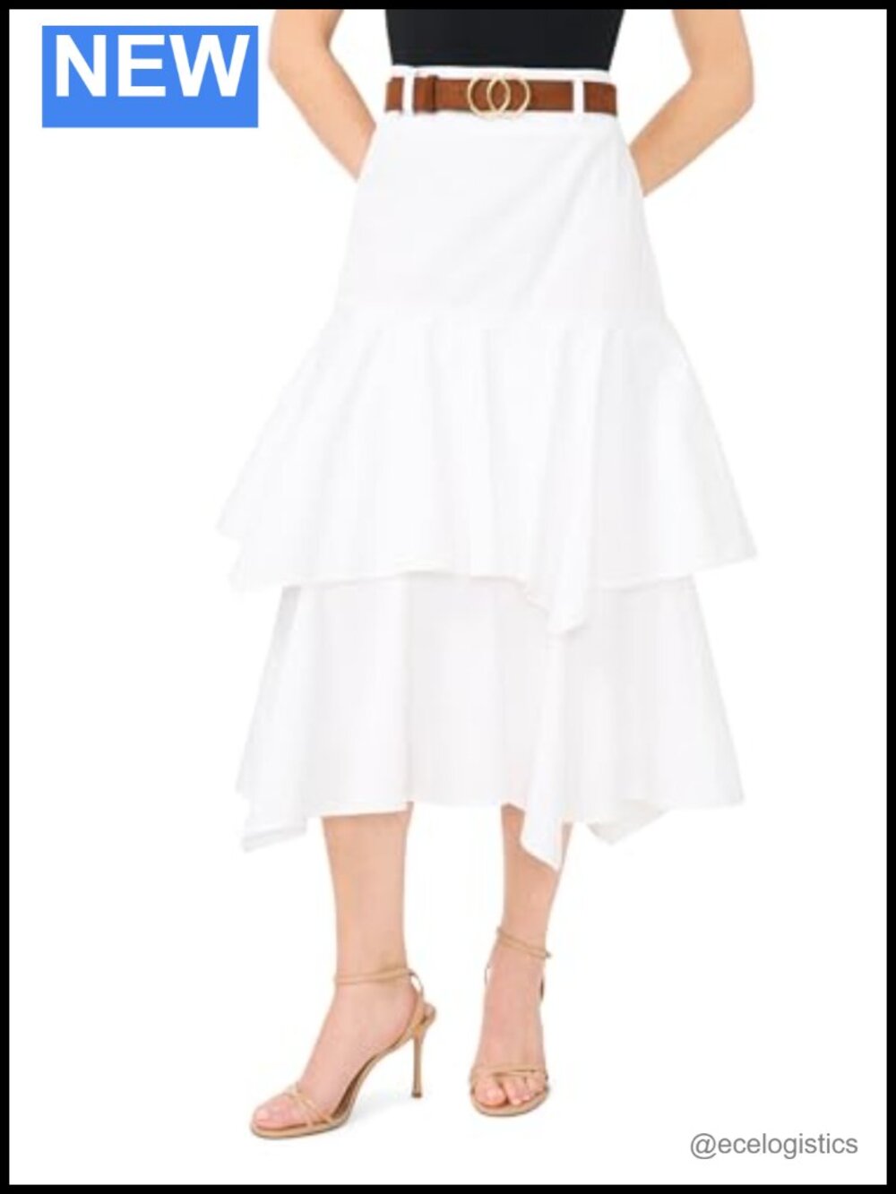 Tiered Denim Midi Skirt with Detachable Belt Ruffle Workwear